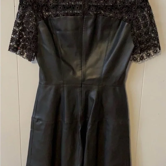 Zara Black Faux Leather Mini Dress with Lace Yoke. Sz 6 - Picture 4 of 4